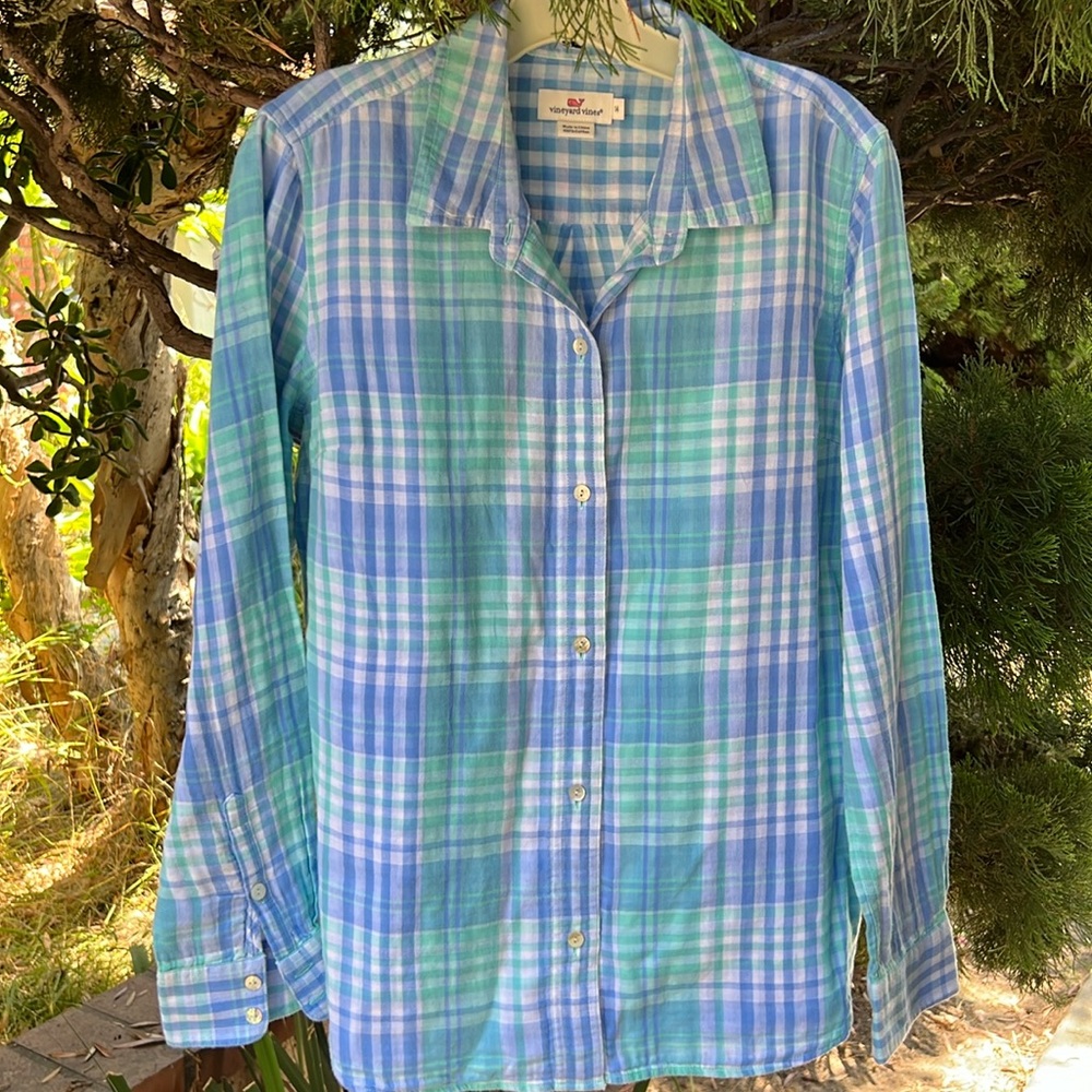 Vineyard Vines Blue and‎ White Checkered Shirt womens size 14